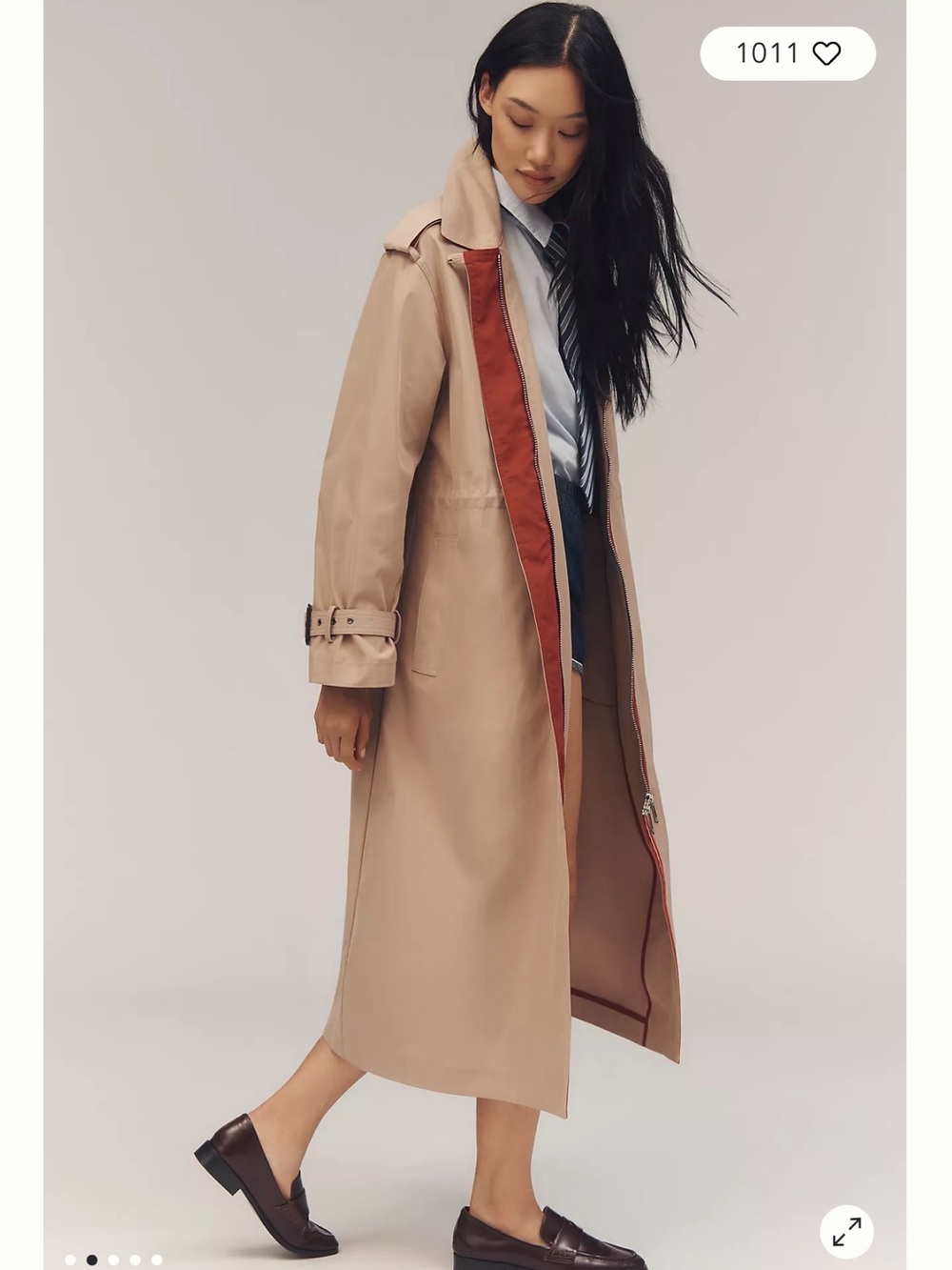 Maeve Cinched-Waist Trench Coat with Red Trim L